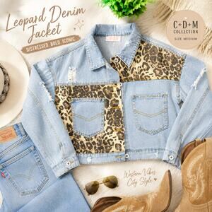 C+D+M Leopard Patch Denim Jacket Distressed Cropped Trucker Medium